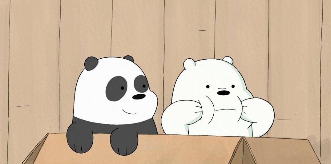 A 2D cartoon illustration of the same two bears in the cardboard box. Panda is now leaning toward the right with a soft