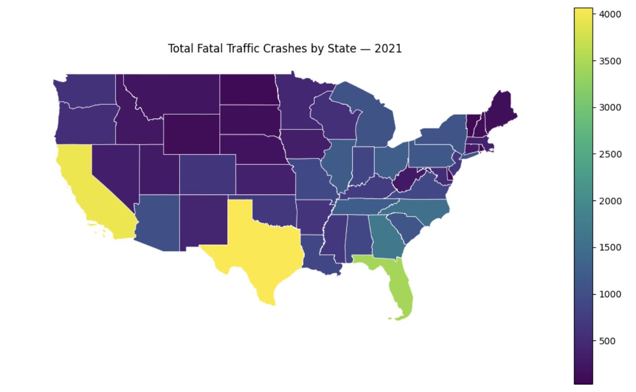 Choropleth output using raw total counts of crashes per state