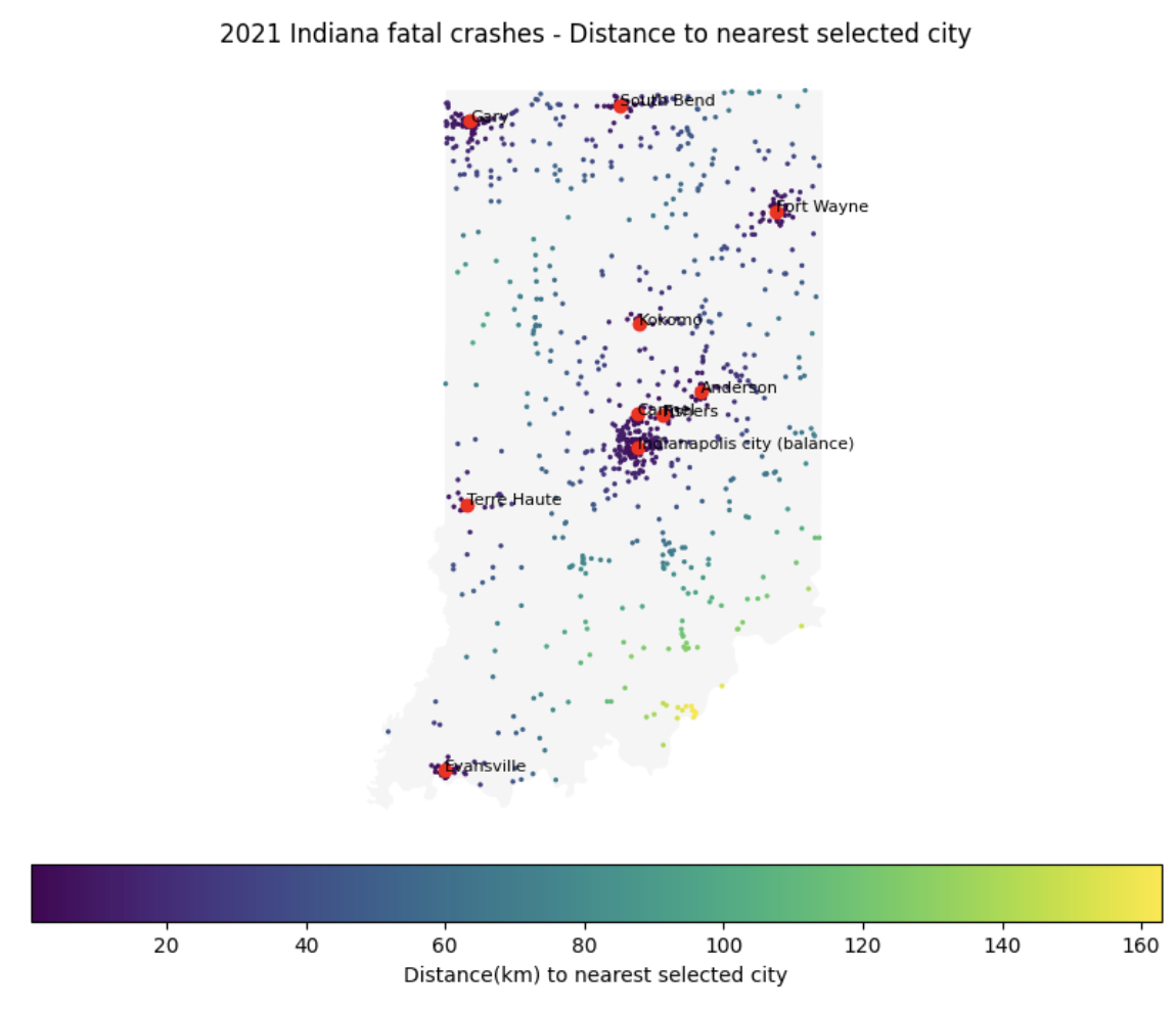 Map of: Indiana fatal crashes - Distance to nearest selected city