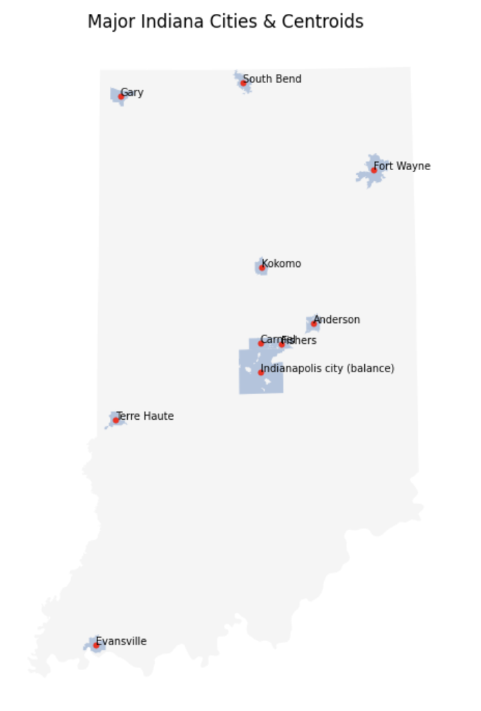 Map of Indiana with selected cities and their centers marked