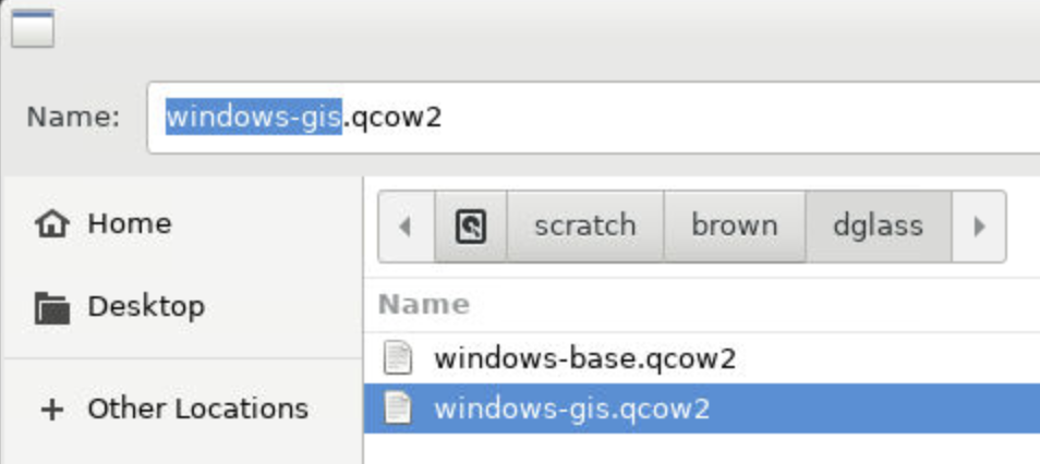 The image shows a menu with 2 options. They are both files with the qcow2 extension. The file titled windows-gis.qcow2 is highlighted.