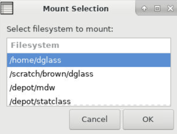 The square menu shows a list of potential file paths with the title mount select. The path that contains home and the user’s ID is highlighted for selection.