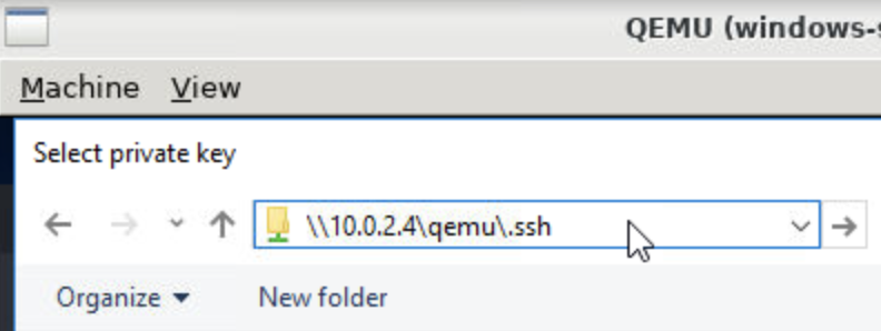 The image shows the file explorer window with a file path across the top and a listing of available files in the main section of the screen. The cursor is editing the file path at the top of the window to navigate to the .ssh folder on Brown.