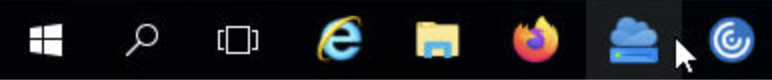 The task bar of the Windows server is displayed. The second icon from the left is selected. The icon is a blue cloud above a blue rectangle and displays SSHFS-Win when the cursor is over it.