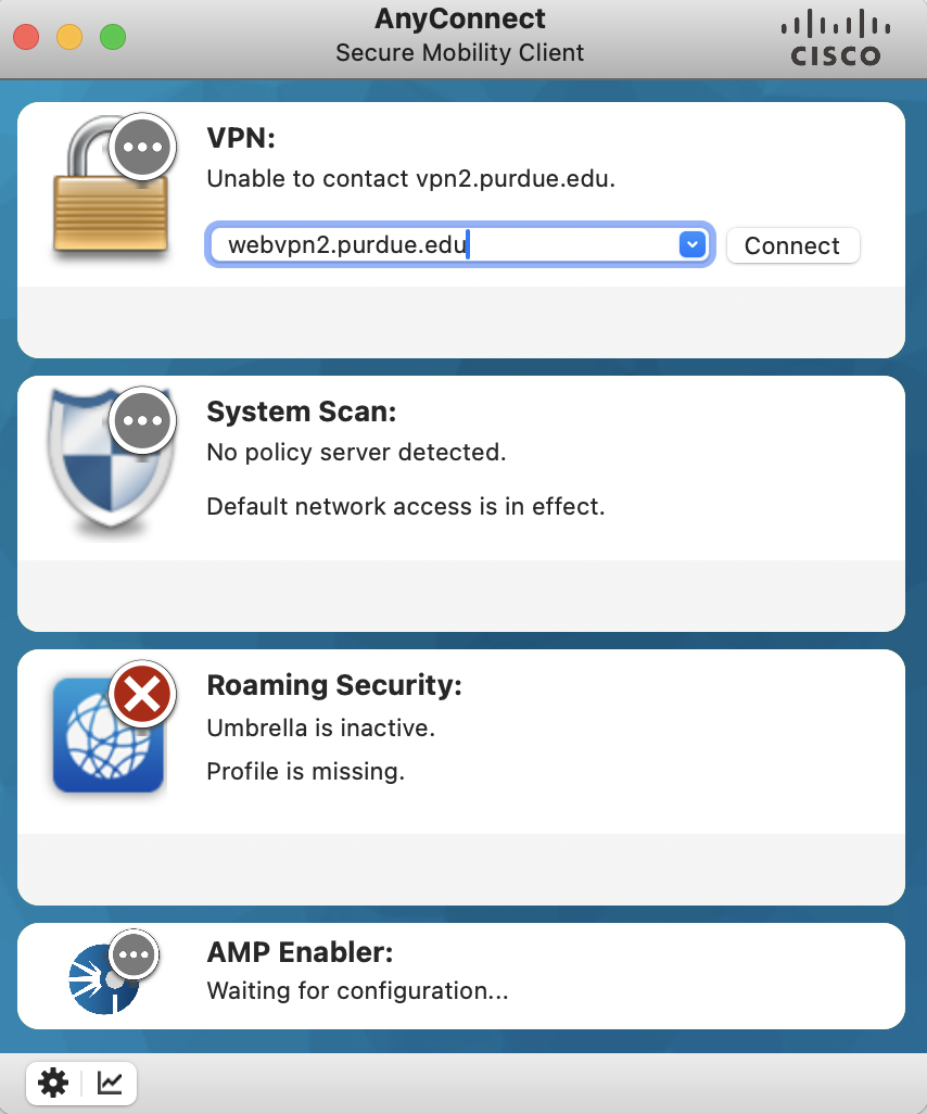 VPN Application. The image shows 4 distinct sections of the application in 1 application window. The first section shows a "VPN" entry which contains a dropdown with the VPN name listed.